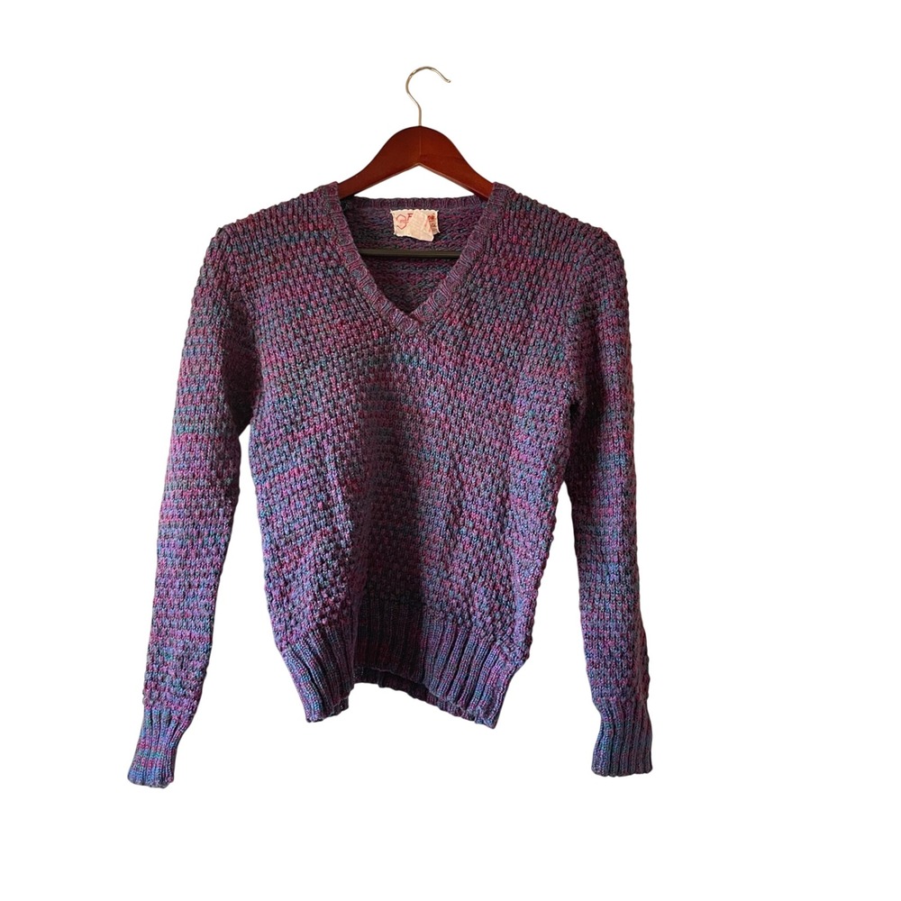 Vintage‎ 70s Knit V Neck Sweater Women's Multicolored Textured Pullover Size Sm